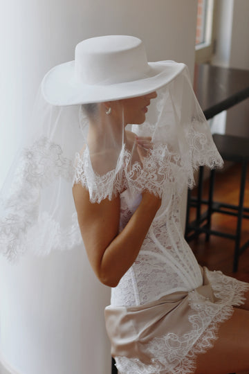 White Bridal Hat with Lace Veil